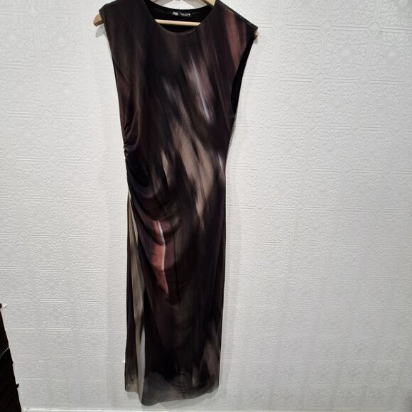 Zara Printed Tulle Abstract Mesh Maxi Cap Sleeve Dress size Large - Picture 2 of 9